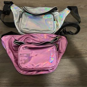 Two irredescent fanny pacs.